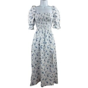 Reformation Marabella Dress Womens Size XS White Blue Floral Smocked Puff Sleeve